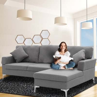 Linen Corner Sofa Couch Lounge L-shape w/ Left Chaise D.Grey